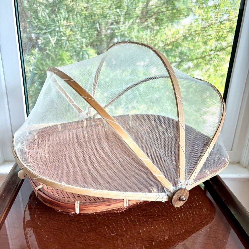 Vintage Brown Wicker Picnic Basket with Mesh Dome Food Cover